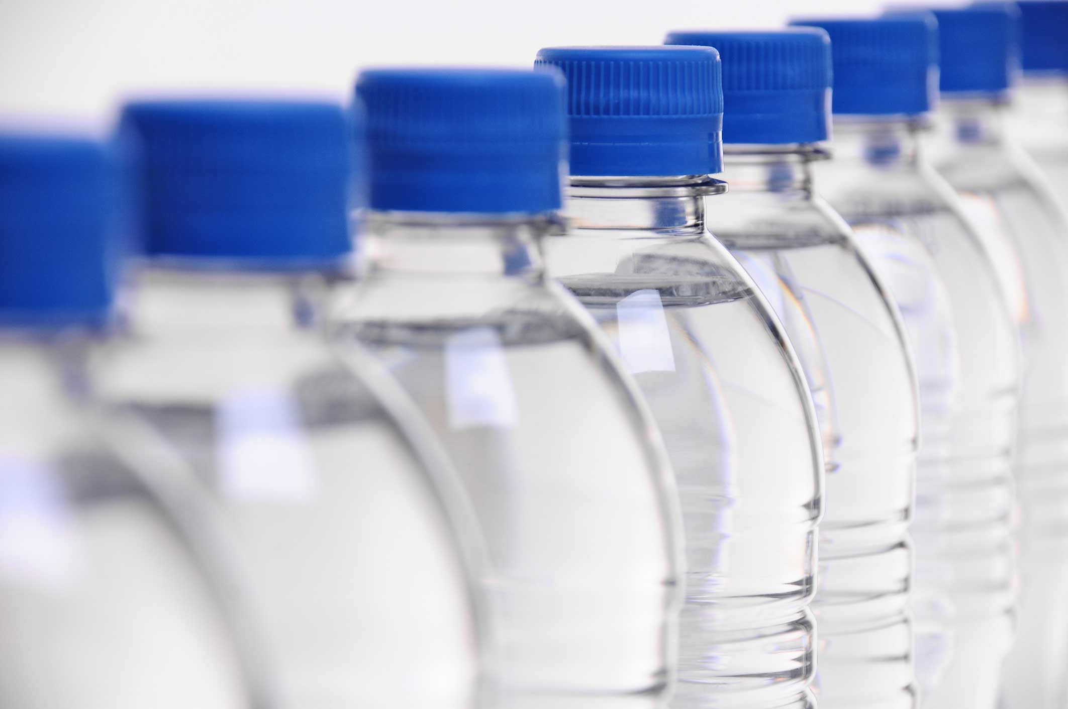 Water bottles, aligned.