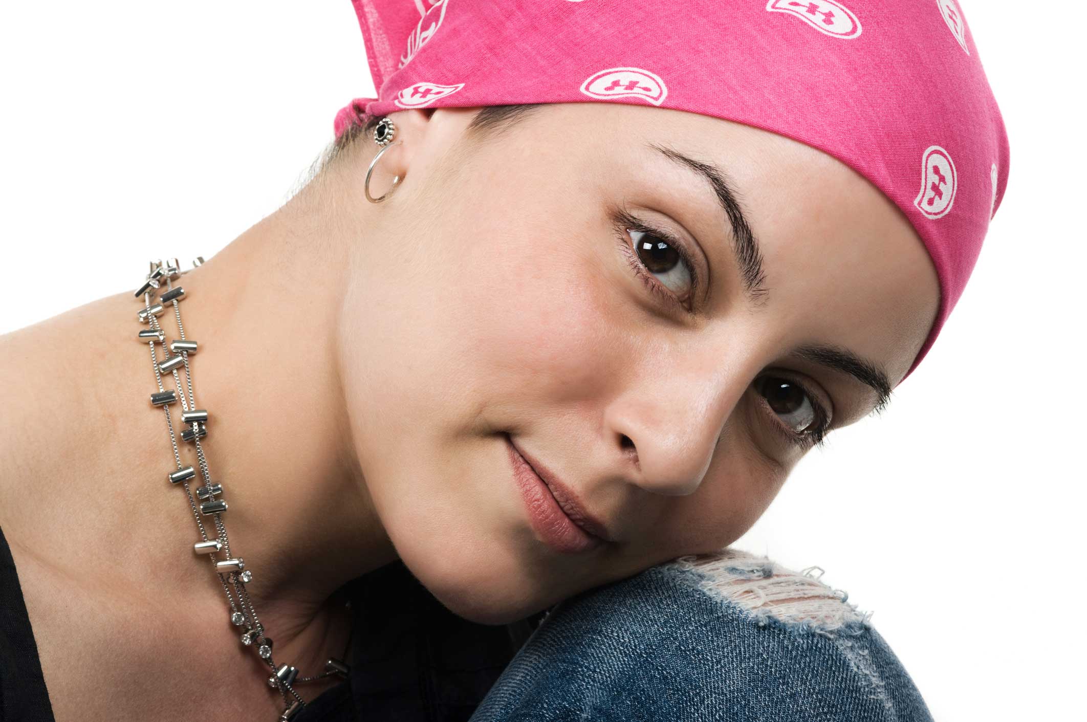 Woman wearing bandana.