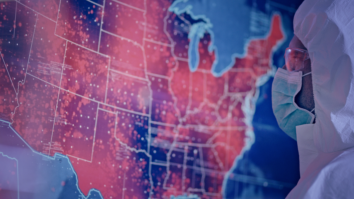 Scientists in laboratory. Infection map of USA. Very high infectivity