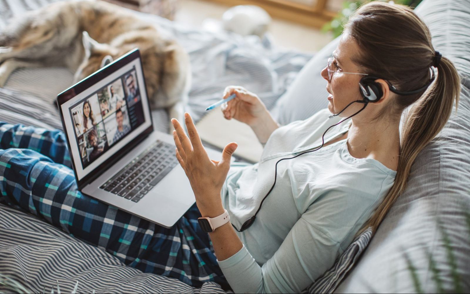 A woman works from home.